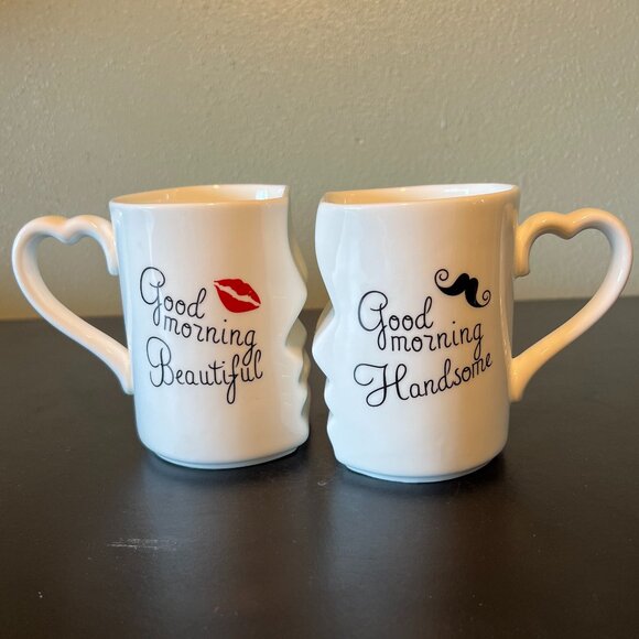 Kissing Couple GOOD MORNING BEAUTIFUL and HANDSOME His & Hers Ceramic Mug Set - Picture 1 of 12